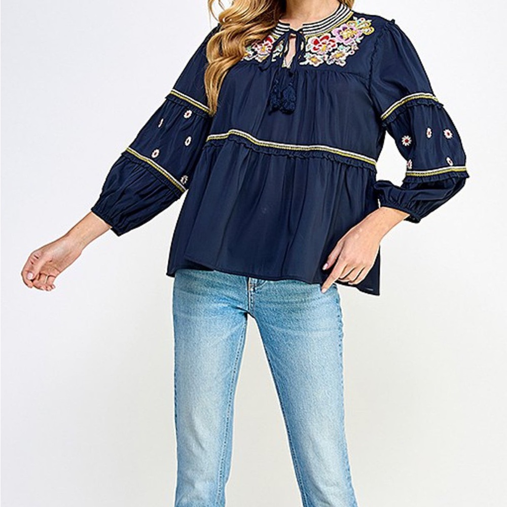 Piper & Scoot Navy Embroidered Peasant Floral Bohemian Blouse Balloon Sleeve